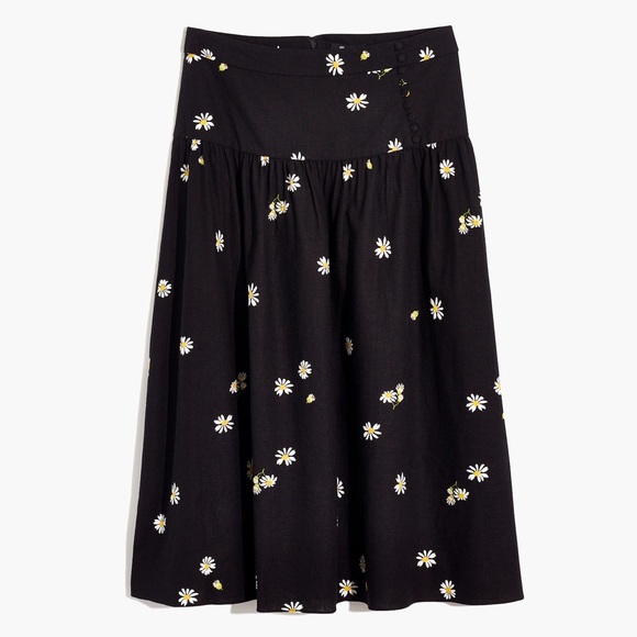 Madewell black linen Lazy Daisies midi skirt 90s daisy dark floral print - Picture 1 of 5